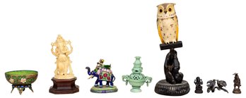 Collection Of Tabletop Items - Owl, Ganesh Statue, Miniature Chinese Hetian Jasper Furnace And More