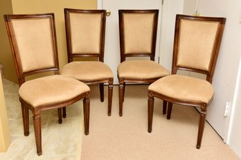 Set Of Four Upholstered Microsuede Wood Side Chairs With Nail Head Stud Trim