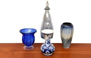 Delfts Holland Hand Painted Vase, Studio Nova Poland Iridescent Glass Decanter, Signed Vase And More