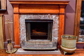 Brass Fireplace Fender, Scuttle Bucket, And Four Piece Fireplace Tool Set