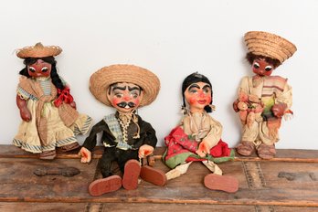 Set Of Four Mexican Wood And Paper Mache Hand Crafted Puppets And Dolls