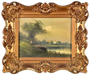 4/242 Oil On Canvas Painting Of A Landscape Scene In Carved Gilt Wood Frame