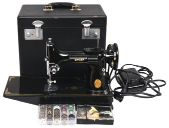 Singer Portable Electric Sewing Machine (221-1) With Carrying Case, Supplies And Original Booklet