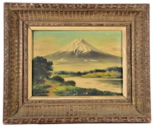 6/244 Signed Japanese Oil On Canvas Painting Depicting Mount Fuji In Carved Wood Frame