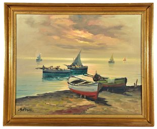 8/246 Signed A. Pasihi. Oil On Canvas Painting Depicting Sailboats On The Shore