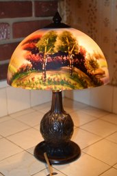 Stunning Vintage Reverse-Painted Autumn Scene Table Lamp