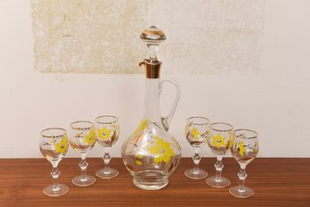 Hand Painted Floral Glass Decanter With Set Of Six Matching Glasses