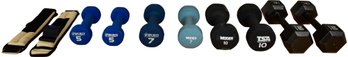 Collection Of Dumbells 15lbs, 10lbs, 7lbs, 5lbs And 1 1/2lb Ankle Weights