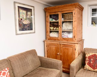 Antique Rustic Irish Country Pine Cupboard With Glass Front Doors