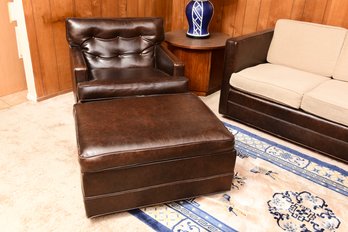 Mid-Century Tufted Back Faux Leather Swivel Club Chair With Matching Ottoman