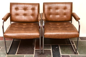 Pair Of Mid-century Ship-n-shore Tufted Back Arm Chairs With Chrome Base
