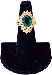 18Kt HGE (Heavy Gold Electroplated) Faux Emerald And Diamond Cocktail Ring (Size 6)