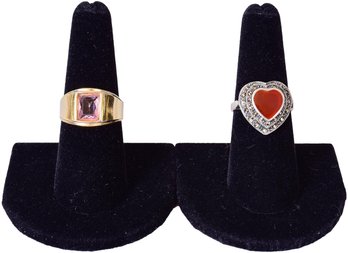 Sterling Silver Marcasite Carnelian Heart Ring And 18Kt HGE (Heavy Gold Electroplated) And Goldtone Ring