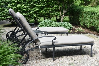 Pair Of Henamint St. Augustine Cast Aluminum Cushioned Chaise Lounge Chairs And Metal Side Table