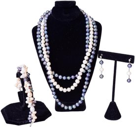 Triple Strand Genuine Pearl Necklace, Bracelet And Earrings
