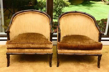 Pair Of CSI Custom Designed By Swimmer Decorators Bamboo Style Wood Frame Upholstered Barrel Chairs