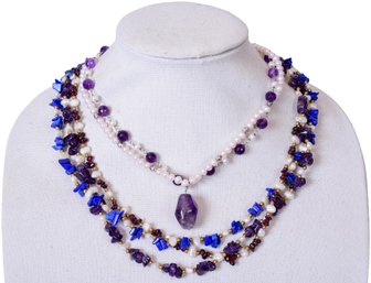 Sodalite Amethyst Pearl Chip Necklace And Genuine Pearl And Amethyst Double Strand Necklace