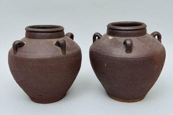 Pair Of Vintage Terracotta Pottery Jars With Lug Handles