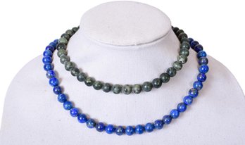 Lapis Lazuli Single Strand Beaded Necklace And Possibly Jade Stone Or Moss Agate Beaded Necklace