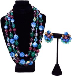 Vintage Triple Strand Multi-colored Glass Beaded Necklace And Matching Clip-on Earrings