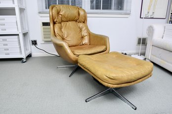 Selig Imperial Mid-century Leather Chair With Matching Ottoman On Chrome Base