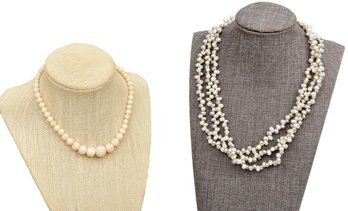 Angel Skin Coral Graduated Beaded Necklace With 14k Clasp And Freshwater Pearl Necklace With 14K Clasp