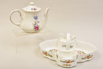 Aynsley Cottage Garden Strawberry Basket With Creamer And Sugar Bowl And Windsor Tea Pot