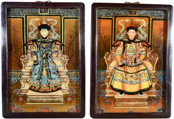 32/270 Pair Of Chinese Emperor And Empress Reverse Painting On Glass Framed Portraits