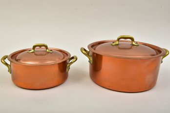 Pair Of Vintage Copper Rondeau Lidded Stew Stock Pots