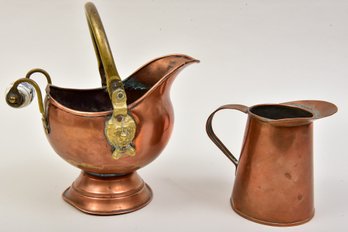 Vintage  Copper And Brass Coal Scuttle Bucket With Porcelain Handle And Copper Creamer