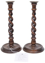 Pair Of Antique Circa 1880s-1900 English Oak Open Barley Twist Candlestick Holders With Brass Tops