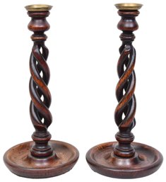 English Oak Open Barley Twist Candlestick Holders With Brass Tops, C. 1880-1900s