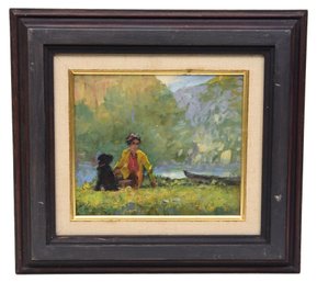 Unsigned Oil On Board Framed Painting Depicting A Woman And Her Dog Sitting In A Park