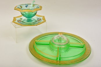 Rare Uranium Depression Glass Sectioned Condiment Tray And Depression Glass Condiment Bowl