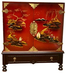 Vintage Chinoiserie Hand Painted Chinese Wood Bar / Storage Cabinet With Key And Bottom Drawer