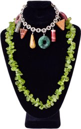 Vintage Peridot Nugget Necklace And Geometric Shaped Gemstone Charm Bracelet