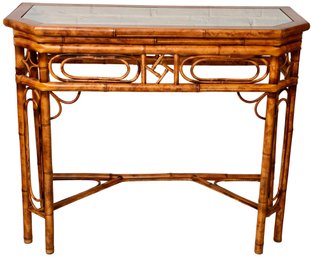 Vintage Bamboo Console Table With Glass Top