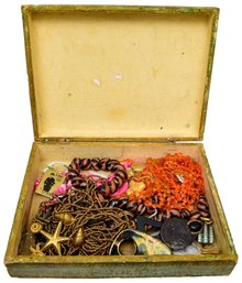 Vintage Wooden Box With Costume Jewelry