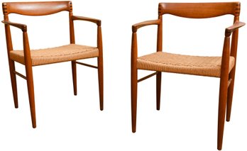 Pair Of H.W Klein For Bramin Danish Teak Arm Chairs With Original Woven Seating