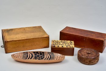 Pair Of Antique Wooden Cash Register Boxes, African Design Bowl And Pair Of Wooden Trinket Boxes