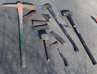 Lot Of Various Hand Tools Including 2 Sledgehammers, Five Metal Wood Splitting Wedges, Three Axes & Pick Axe