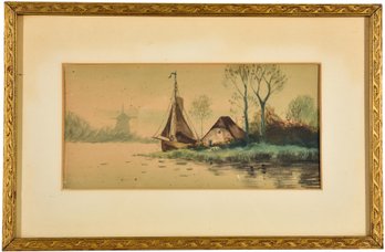 54/292 Vintage Framed Watercolor Painting Depicting A House On A Lake