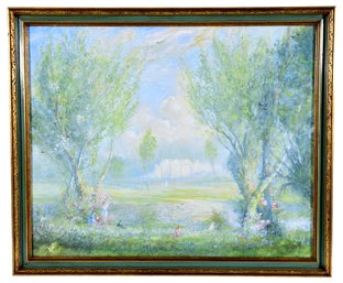 Signed Illegibly Framed Watercolor Painting Depicting A Garden Scene