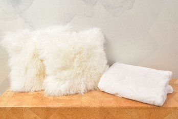 Pair Of West Elm Lamb Fur Pillows And Vince Camuto Throw