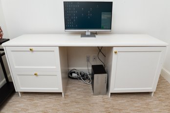 White Knee Hole Computer Desk With Gold Tone Draw Pulls