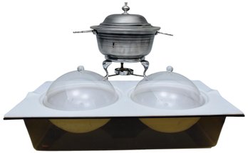 Mid-Century Space Age Modern 'Dome-A-Lene' Lucite Double Server And Lazar Pewter Chafing Dish