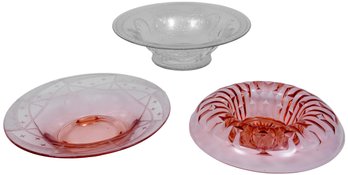 Vintage Heisey Glass Bowl And Pair Of Pink Depression Glass Bowls