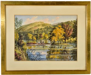 68/306 Framed Watercolor Painting Depicting Men Fishing On A Lake