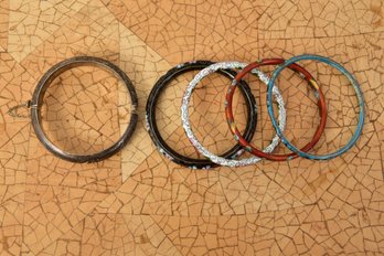 Set Of Four Cloisonne Enamel Bracelets And Sterling Silver Bangle Bracelet