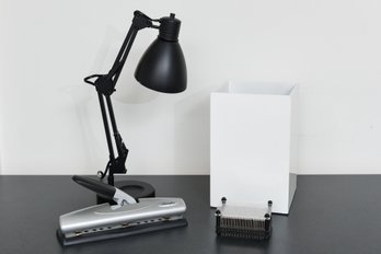 Black Adjustable Table Lamp, Hole Puncher, Waste Basket And Pin Art Fidget